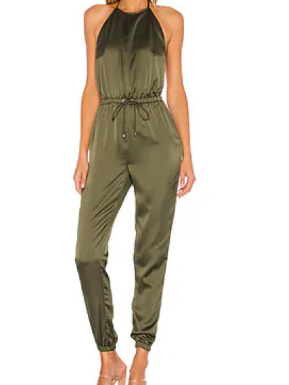 superdown Olive Satin Halter Drawstring Jumpsuit